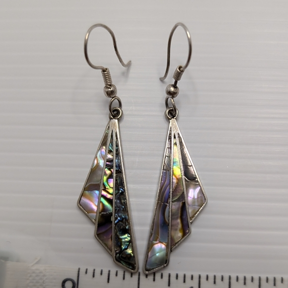 Vintage Taxco Silver and Abalone Shell Fan Earrings - Picture 2 of 16